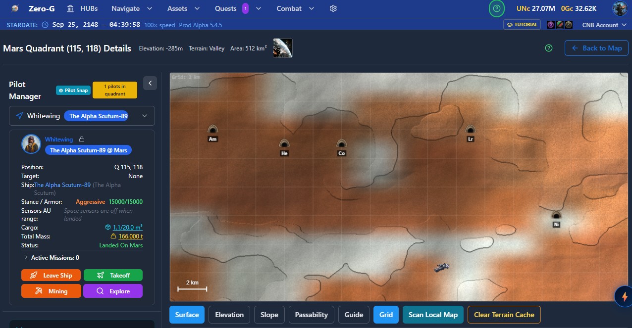 A surveyed quadrant with five deposits pinned