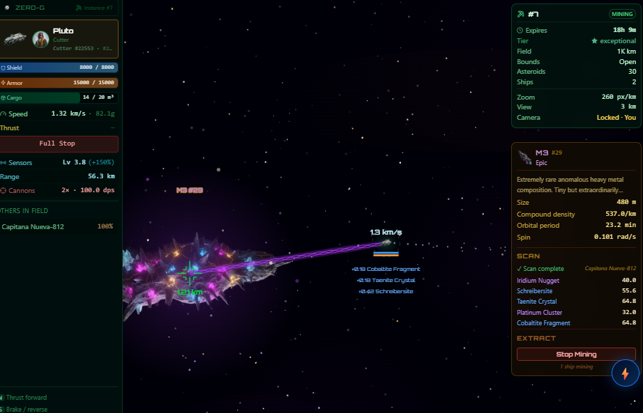 Hand-flown asteroid mining with collision physics