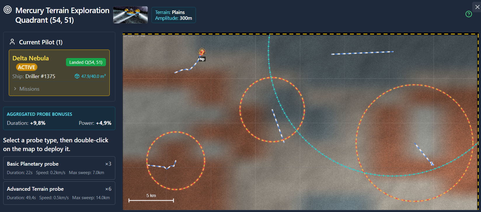 Probe end-of-life circles: green-blue means empty, yellow-red means a deposit was in range