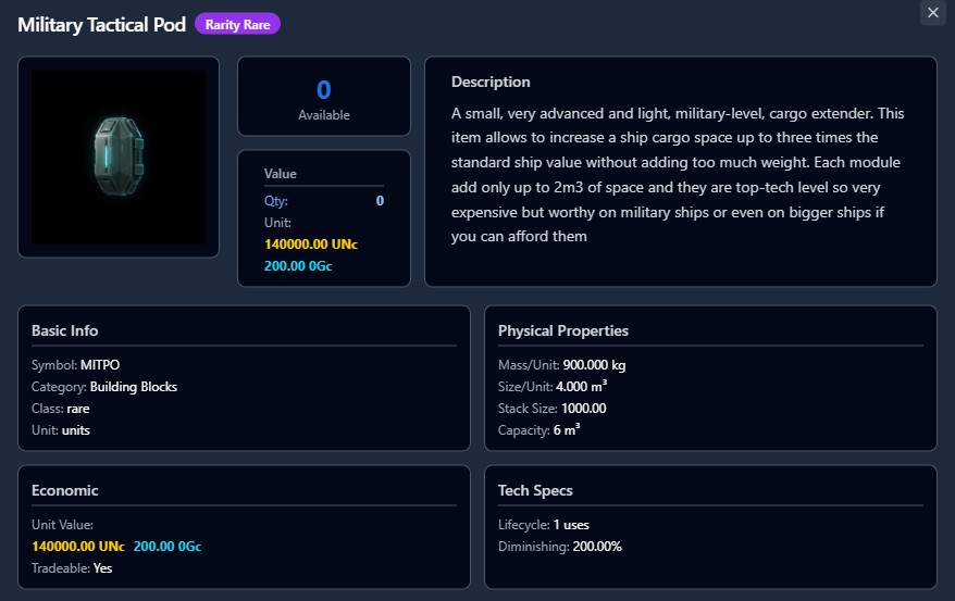 Advanced Cargo Extender item card showing the Diminishing stat